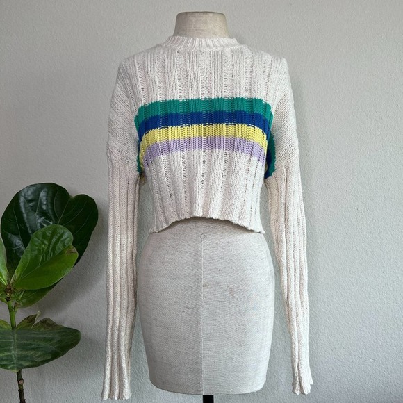Crop Knit Sweater Pullover Striped Drop Shoulder Long Sleeve - Picture 2 of 9